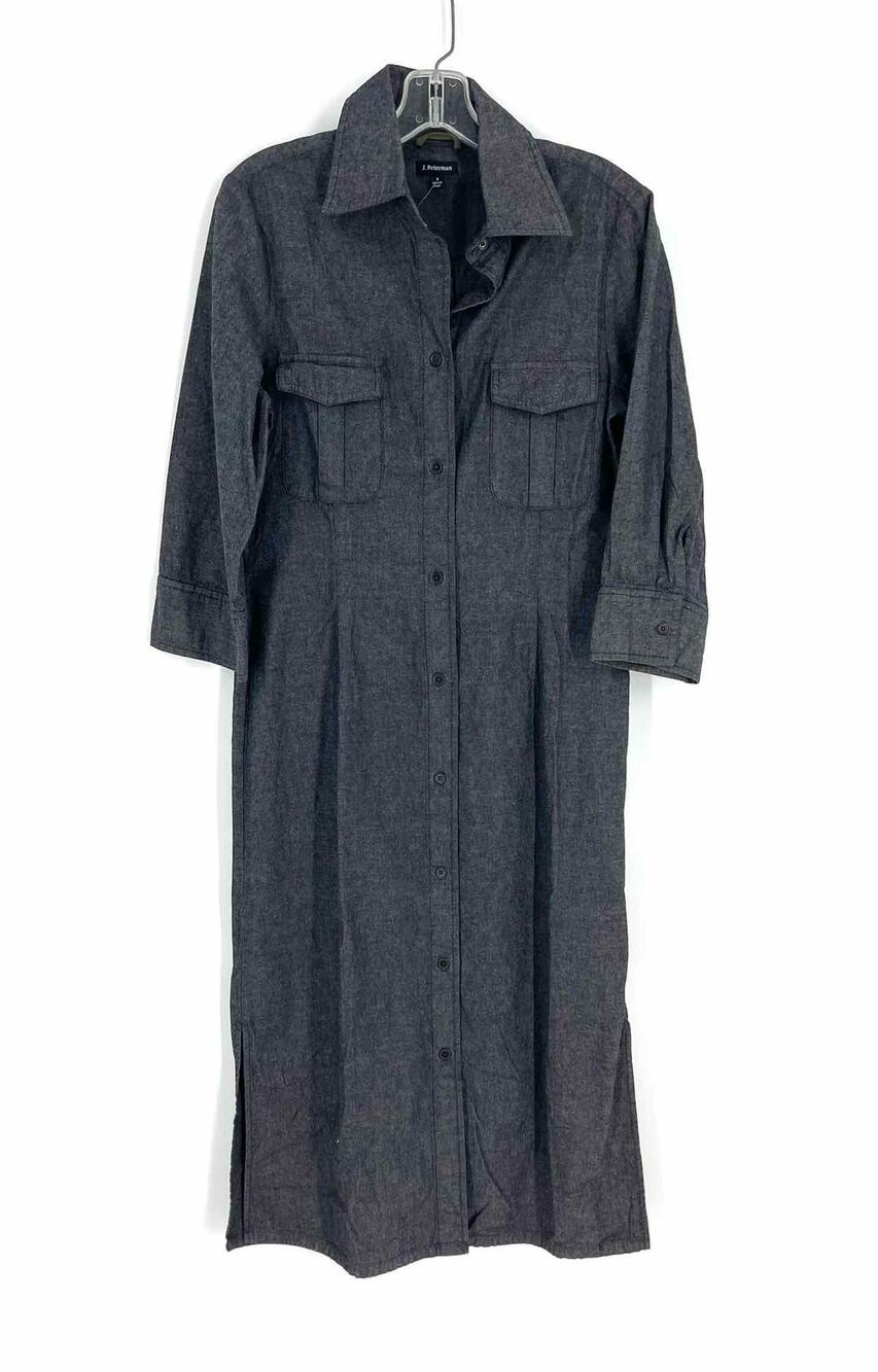 J. Peterman Size 4 Charcoal Button(s) Cotton Belted Designer Dress